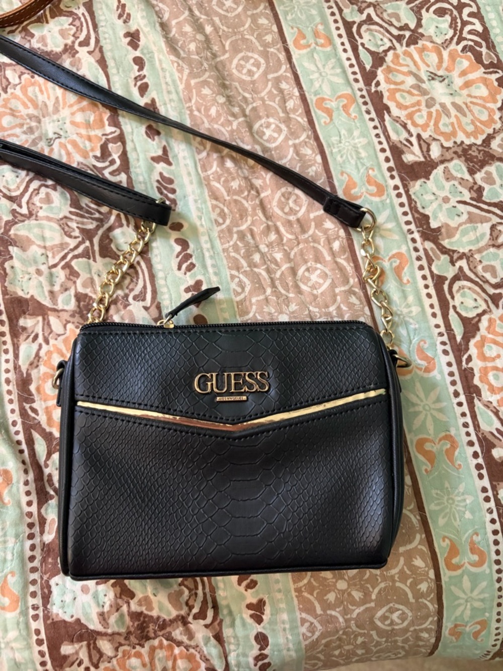 GUESS Black Faux-Snakeskin Crossbody with Gold Hardware